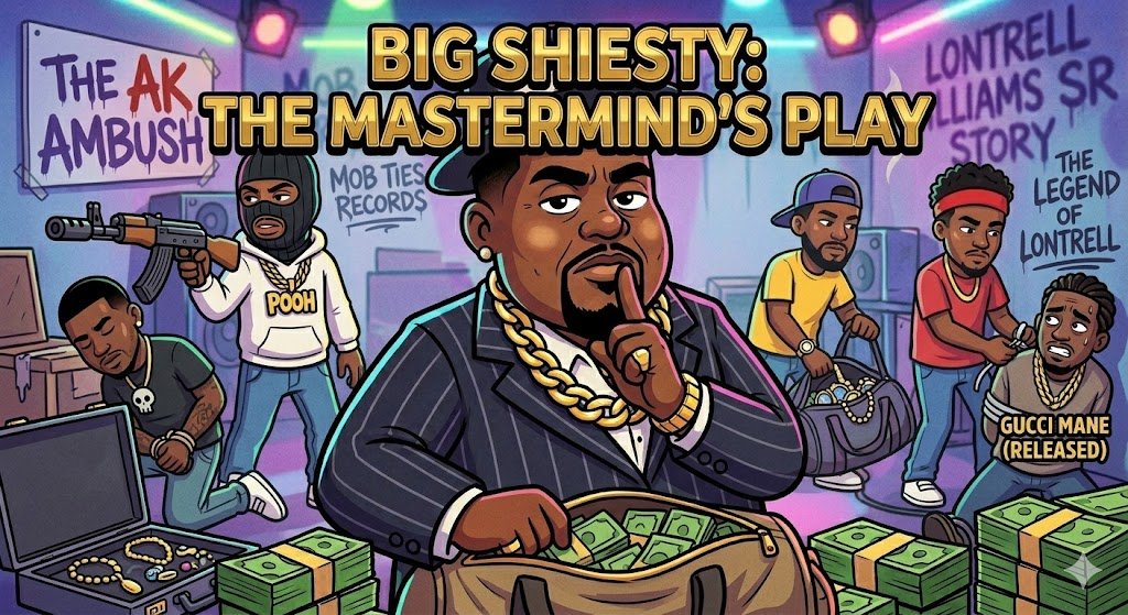 This vector illustration depicts a scene from the alleged Lontrell Williams Sr. (Big Shiesty) and Pooh Shiesty studio takeover and robbery case. In a studio lit by blue and purple neon, a larger figure (Big Shiesty) in a suit makes a shushing gesture while filling a duffel bag with stacks of cash. Above him, bold text reads: "BIG SHIESTY: THE MASTERMIND'S PLAY." In the background, to the left, a masked figure (Pooh Shiesty) points an AK-style pistol, with text "POOH" on his hoodie and a graffiti sign "THE AK AMBUSH." To the right, another figure steals a duffel bag with a smaller graphic reading "MOB TIES RECORDS," while a fourth figure ties up a sweating individual with a sign that reads "GUCCI MANE (RELEASED)" and wall graffiti "LONTRELL WILLIAMS SR. STORY" and "THE LEGEND OF LONTRELL." Open jewelry boxes and stacks of cash fill the foreground.