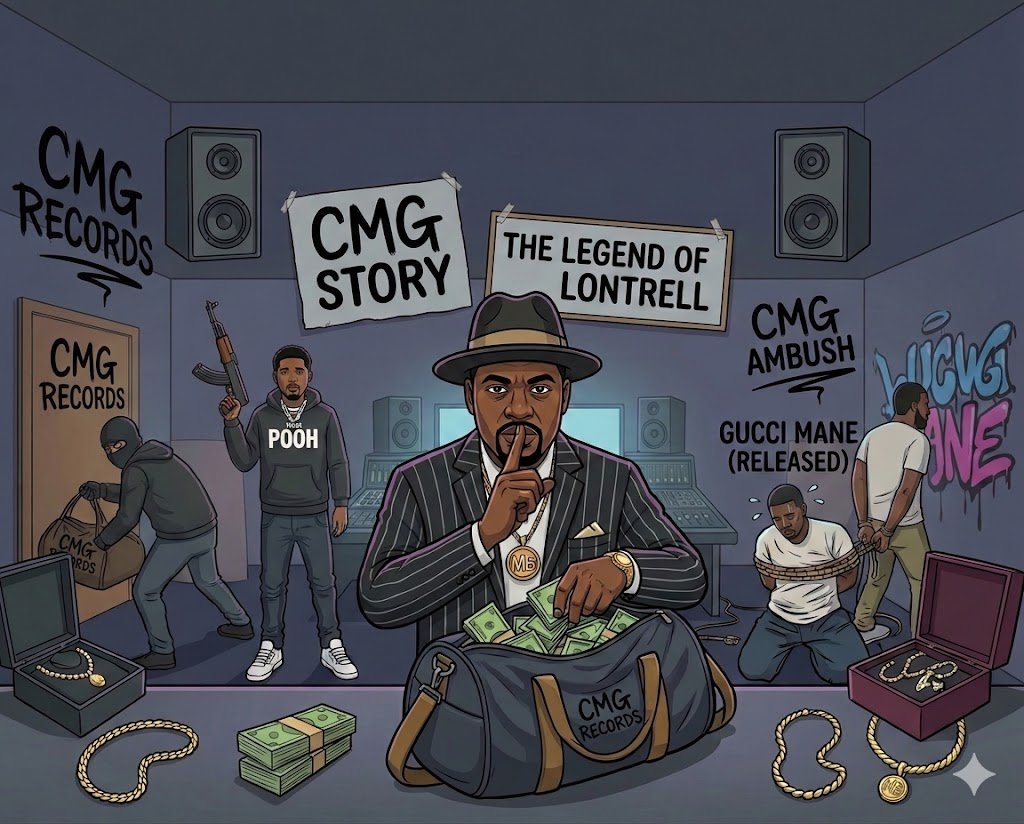 A vector-style illustration of Lontrell Williams Sr. (Mob Boss), as the "Mastermind," making a 'shushing' gesture while he places a bundle of cash into a large duffel bag. Stacks of cash are on the floor. In the background, in a recording studio, a figure with a ski mask and a hoodie labeled 'POOH' holds an AK-style pistol, while a shorter figure drags another duffel bag away. Wall graffiti on the left reads "LONTRELL WILLIAMS SR STORY" and "THE LEGEND OF LONTRELL," and a sign in the back reads "THE AK AMBUSH." On the far right, a tied-up and sweating person is labeled with a handwritten sign "GUCCI MANE (RELEASED)" with graffiti below reading "Mane." Open jewelry boxes are near the duffel bag.