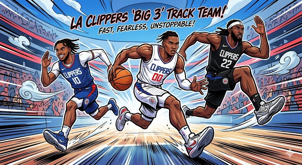 Comic-style illustration of Darius Garland, Bennedict Mathurin, and Isaiah Jackson sprinting down a basketball court in LA Clippers uniforms with speed lines and "Big 3 Track Team" text