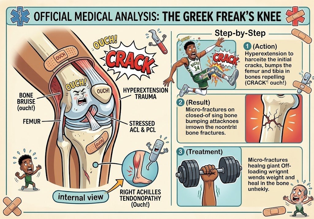 Cartoon infographic explaining the medical reality of Giannis Antetokounmpo's 2026 injury, featuring an internal view of the femur and tibia collision and the recovery process involving off-loading weight.